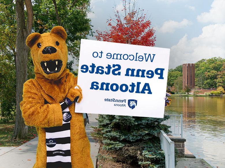 The Nittany Lion mascot holding up a sign reading Welcome to <a href='http://wv0v.web-sitemap.delicious-drop.com'>十大网投平台信誉排行榜</a>阿尔图纳分校